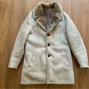 Vintage Shearling Suede Coat Beige Faux Fur Lined Winter Jacket Womens M